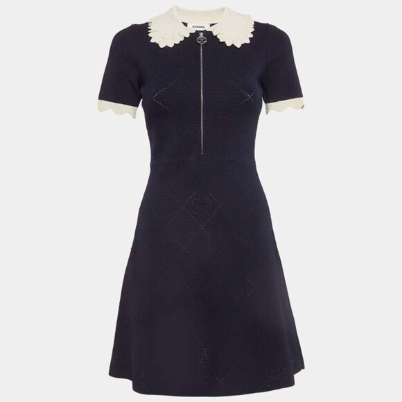 Sandro Navy Blue Patterned Knit Zip-Up Mini Dress - Picture 1 of 13